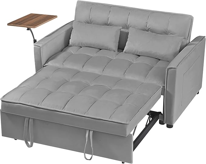 3-in-1 Convertible Sleeper Sofa Bed,Pullout Couch with 360° Swivel Side Table, Modern Chenille Fabric, Easy to Assemble, Folding Loveseat Sofa Bed for Living Room & Guest Room