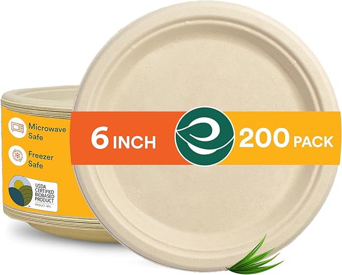ECO SOUL 100% Compostable 6 Inch Small Paper Plates 200 [2x100 Pc] Small Disposable Party Heavy Duty, Eco-Friendly, Appetizer, Dessert, Wedding Plates I Biodegradable Unbleached Sugarcane Eco Plates