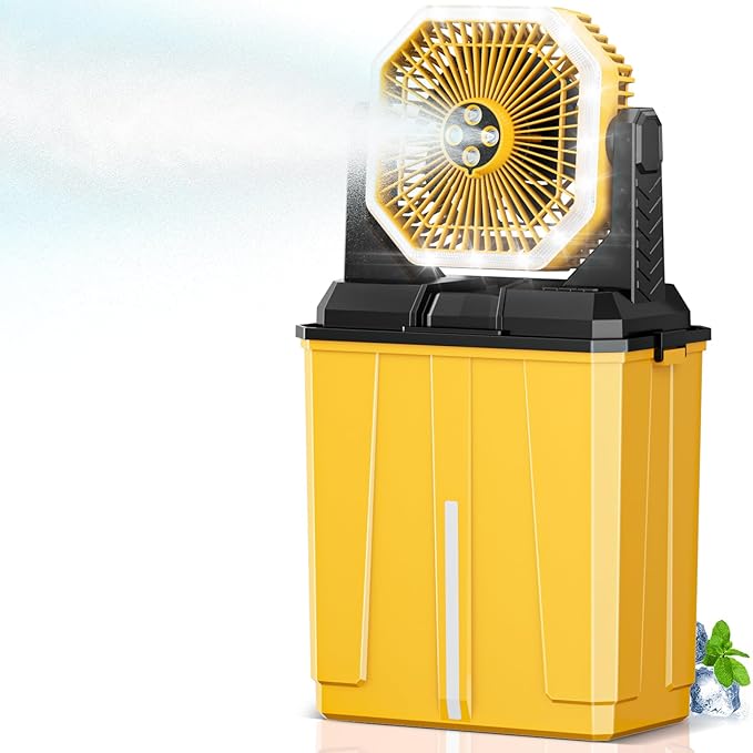 Portable Misting Fan, 24000mAh Rechargeable Outdoor Cooler, Battery Operated Personal Fan with3 Speeds & 8L Bucket for Patio, Camping,Hiking, Backyard, Travel, Desk,Pool, Beach, Yellow