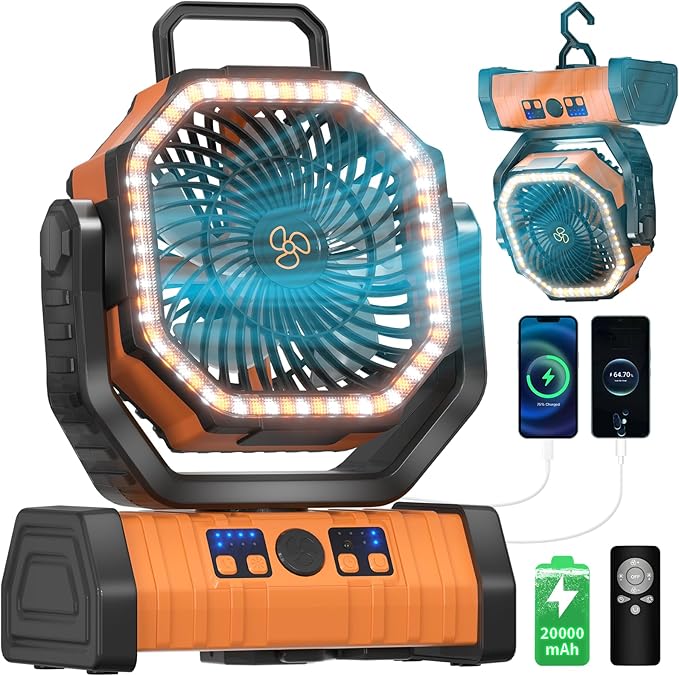 Battery Operated Fan Portable Battery Powered Camping Tent Fan with LED Lantern Light 20000mAh Rechargeable, Oscillating, 360° Rotating Hanging Hook, Cordless for Desk, Travel(Orange)