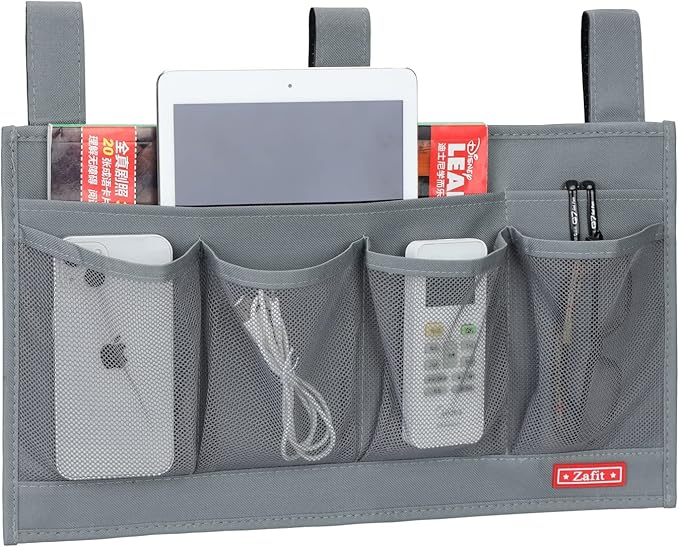 Hanging Bedside Caddy, Bedside Storage Organizer for Magazine, Phone, Remote control (6 Pockets-Grey)