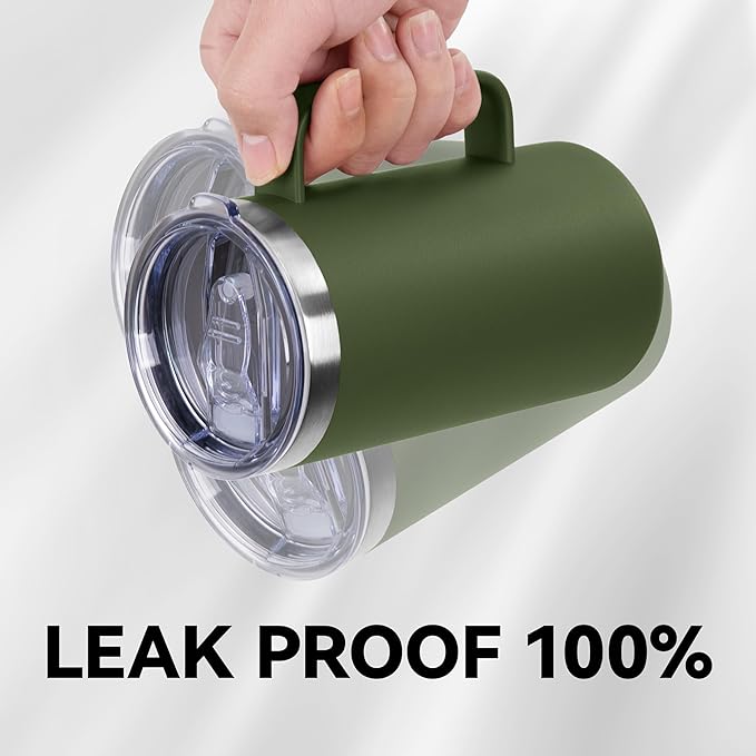 DOMICARE 24oz Mug with Handle and Lid, Stainless Steel Coffee Mug, Reusable Insulated Cup, Travel Mug with Handle, Double Wall Vacuum Coffee Tumbler for Men and Women, Army Green, Pack 1