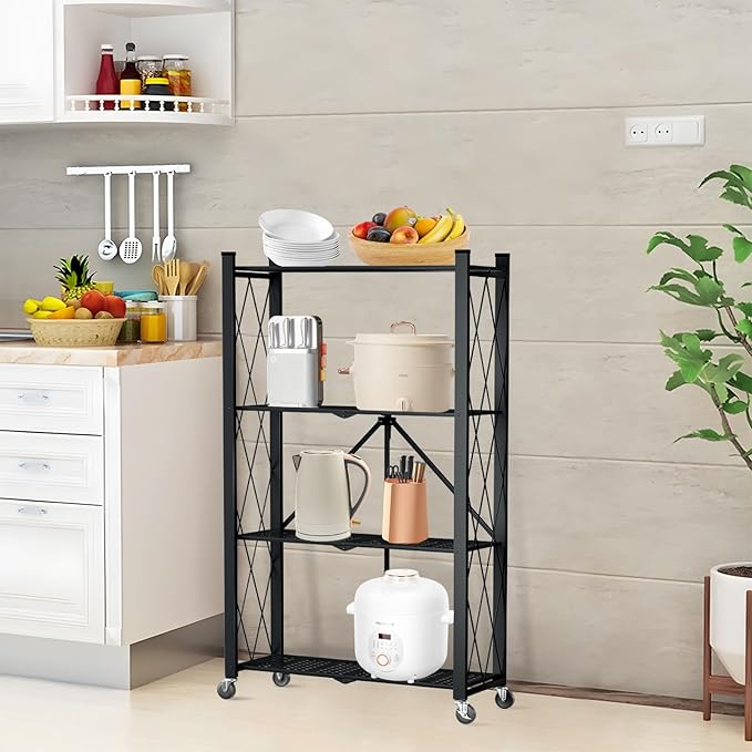 4 Tier Foldable Storage Shelf with Wheels, Heavy Duty Folding Shelf Loads 600 LBS, Metal Steel Collapsible Shelves, Rolling Standing Utility Rack for Kitchen, Pantry, Office, Black