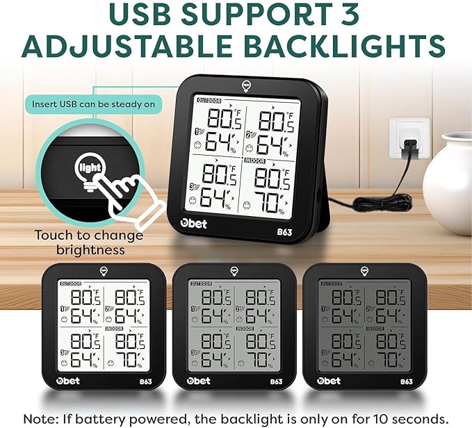 OBET Indoor Outdoor Thermometer Wireless with 3 Sensors Weather Station Temperature Humidity Monitor 500ft Range and Adjustable Backlight and Min Max Data Black