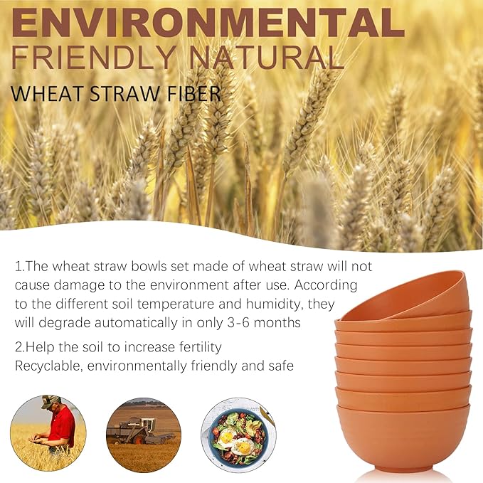 Homienly Wheat Straw Cereal Bowl Set, Wheat Straw Bowls Set - 8 PCS, Unbreakable Lightweight Bowl for Kitchen, Camping, Microwave and Dishwasher Safe Bowls, Soup Bowl (Orange, 26 OZ)