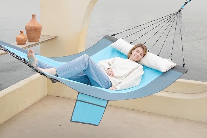 14ft 2 Person Outdoor Hammock, Portable Camping with Folding Steel Spreader Bar, Carrying Bag, Carabiners, Tree Straps, Pillow & Sidebag, Quick Dry Textilene, 550 lbs Capacity (Lakeside Aqua)