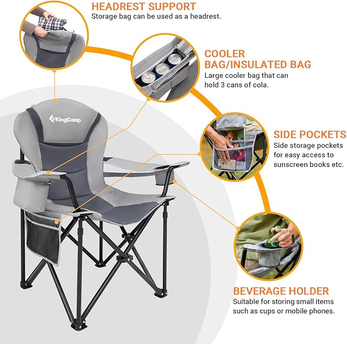 KingCamp Oversized Camping Folding Chair with Lumbar Support, Heavy Duty Ergonomic Padded Arm Chair with Cooler Bag, Cup Holder, Portable for Outdoor