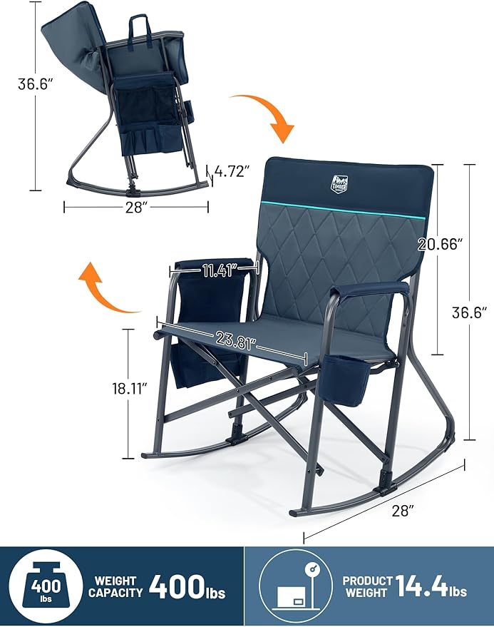 TIMBER RIDGE Folding Rocking Camping Chair, 400lbs Capacity Portable Oversized Outdoor Rocker with Hard Armrests, Cup Holder & Side Pocket, Quick-Fold Design for Outdoor, Patio, Lawn, Blue