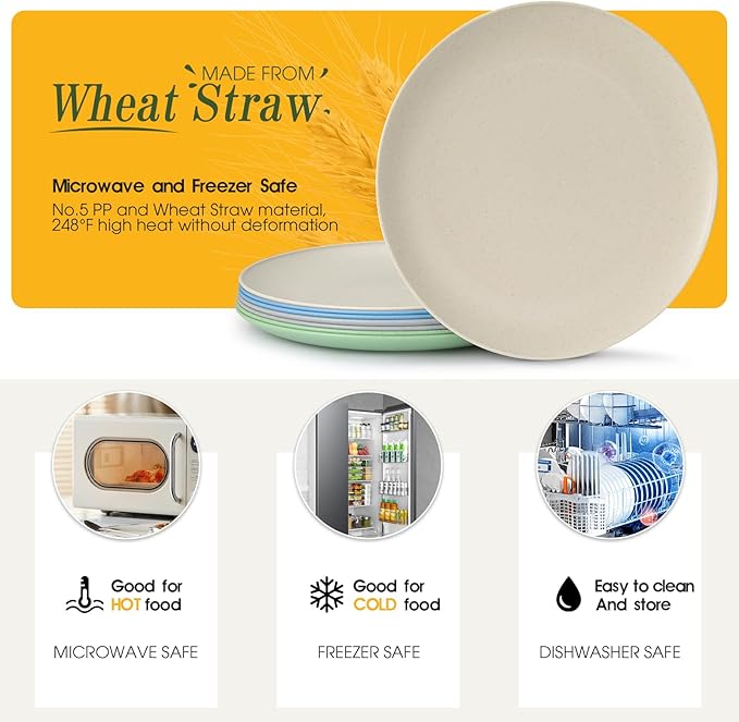 Dinner Plates Set of 8, Microwave and Dishwasher Safe Wheat Straw Dinnerware Plates for Kitchen, Unbreakable Kids Plates with 4 Colors, Suitable for picnics and party. (9 inch)