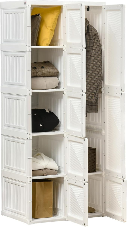 HOMCOM Portable Wardrobe Closet, Folding Clothes Storage Organizer with 6 Cube Compartments, Hanging Rod, 8 Magnet Doors, White