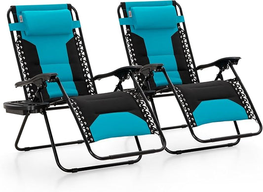 MAISON ARTS Oversized XXL Padded Zero Gravity Chair, Lawn Outdoor Lounge Chairs Set of 2, Foldable Recliners 28" Wide Seat Anti-Gravity for Patio Camping Poolside Yard, Support 400lbs, Aqua