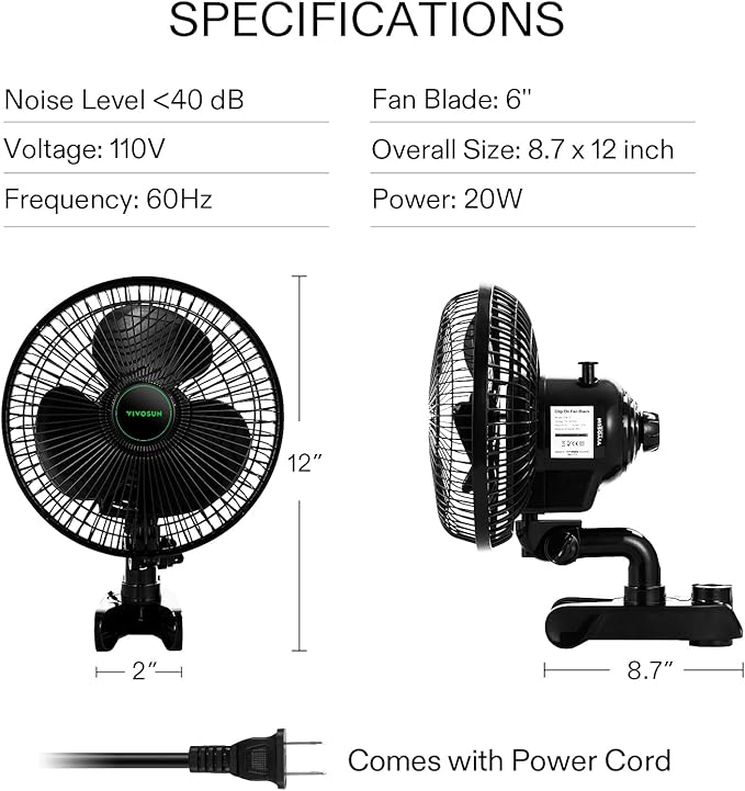 VIVOSUN AeroWave A6 6-Inch Clip-on Fan, Patented Portable Indoor Fan with Clip, 2-Speed Adjustment, Cord, Strong Airflow but Low Noise, and Fully-Adjustable Tilt for Grow Tent, Black, 1-Pack