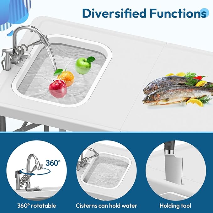 HLPB Fold in Half Folding Fish Cleaning Table with Sink, Foldable Protable Camping Sink Table with Drainage Hose & Fish Cleaning Kit, Fish Fillet Cutting Desk for Picnic Patio Backyard BBQ, White
