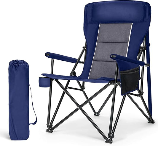 LET'S CAMP Oversized Camping Chairs 29.52" High Back Heavy Duty Lawn Chair Support 500LBS, Portable Collapsible Chair with Cup Holder, Side Pocket(Blue)