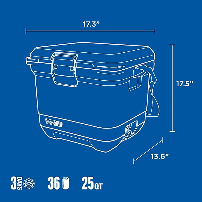 Coleman Pro Heavy-Duty 25qt Ultra-Light Premium Hard Cooler, Extra-Thick Insulation Keeps Ice up to 3 Days, 36-Can Capacity