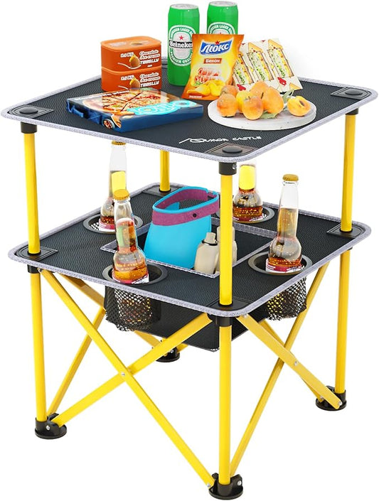 Folding Camping Table with 4 Cup Holders, Lightweight Portable Beach Outdoor Picnic Table, Square Camp Table with Built-in Food Basket Travel Bag for BBQ, Camping, Tailgate
