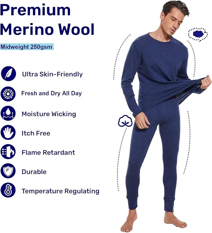MERINNOVATION Merino Wool Base Layer Set for Men 100% Merino Wool Thermal Underwear Long Sleeve