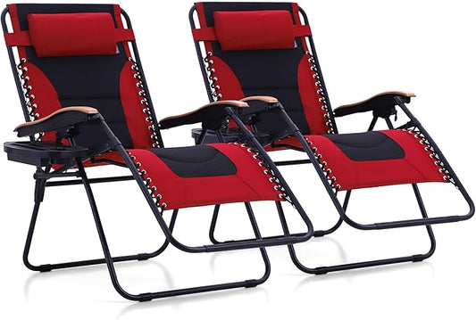 MFSTUDIO Zero Gravity Chairs Set of 2, XL Oversized Outdoor Anti Gravity Chair, Patio Lounge Folding Adjustable Chair with Cup Holder & Padded Headrest, Support 400lbs,Red
