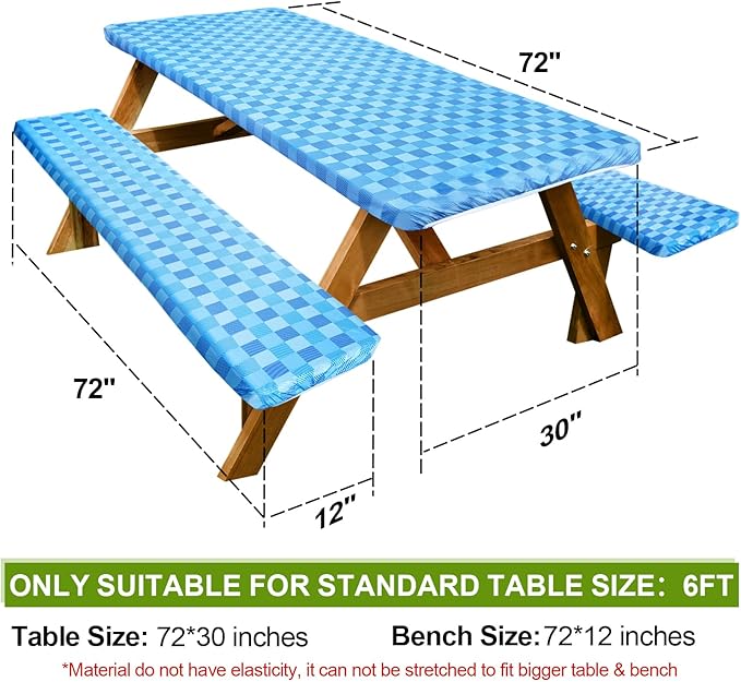 Picnic Table Cover with Bench Covers Camping Essentials Waterproof Windproof Camping Tablecloth with Drawstring Bag, Fitted Rectangle Tables and Seats, 72in, Blue