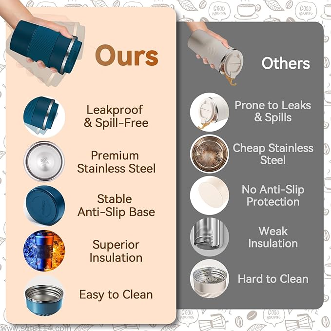 17OZ Travel Coffee Mug Insulated Coffee Cup with Spill Leak Proof Lid, Portable Stainless Steel Tumbler Reusable Hot and Cold Water Mug for Car, Daily, Camping- Blue