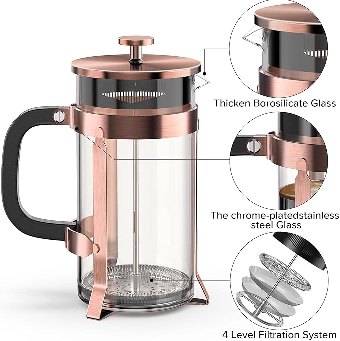 QUQIYSO French Press Coffee Maker 34oz 304 Stainless Steel with 4 Filter, Heat Resistant Durable, Easy to Clean, Borosilicate Glass Press, 100% BPA Free Teapot (Copper)