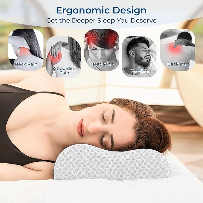Travel Pillow Memory Foam Pillows, Ergonomic Wave Cervical Neck Pillow for Neck Pain Relief, Compressible Medium Firm Side Sleeper Pillow, Ideal for Camping, Office, Home & Bed (White, L)