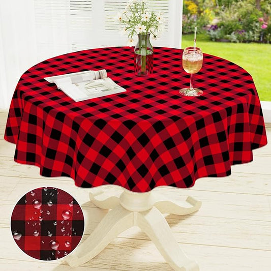 misaya Round Waterproof Vinyl Table Cloth, Buffalo Flannel Backed Tablecloth, Wipeable Plastic Table Cover for Dinner, Kitchen, Picnic (60", Red and Black)