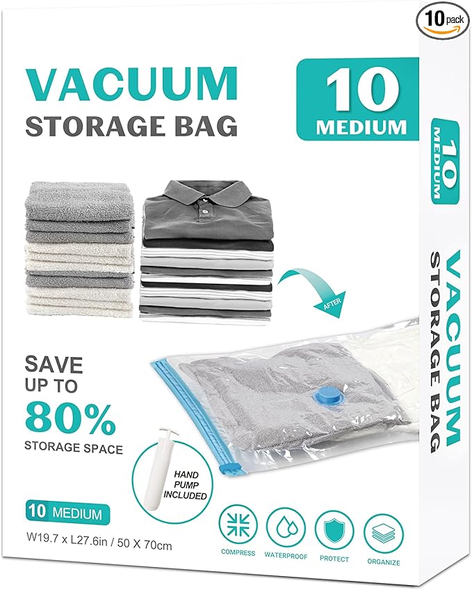 10 Pack Medium Vacuum Storage Bags Seal Bags for Bedding Clothing Compression Bags for Travel Blankets and Comforters Hand Pump Included