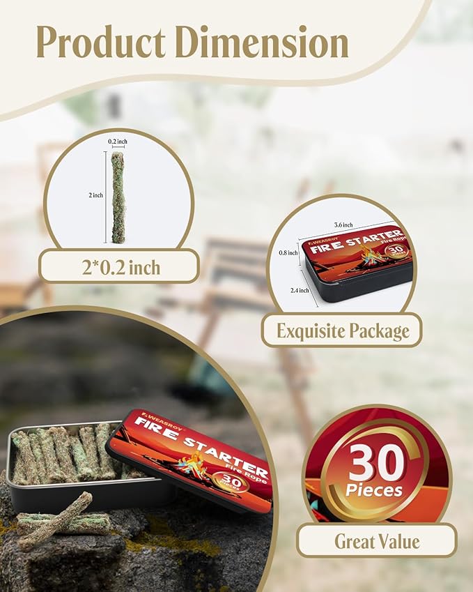 Fire Rope Blue Flame(30-Pack) Windproof Fire Starter, Long-Lasting, Bright Blue Flame Survival Fire Starters - Fast Igniting Fire Rope for Camping