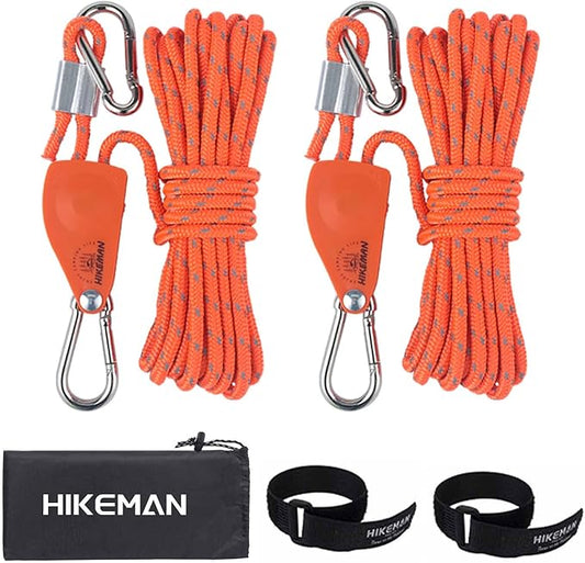 Hikeman Camping Rope with Ratchet Pulley,Quick Setup Outdoor Guy Lines Adjustable Tent Tie Downs Rope Hanger for Canopy,Kayak and Canoe,Grow Light (Orange)