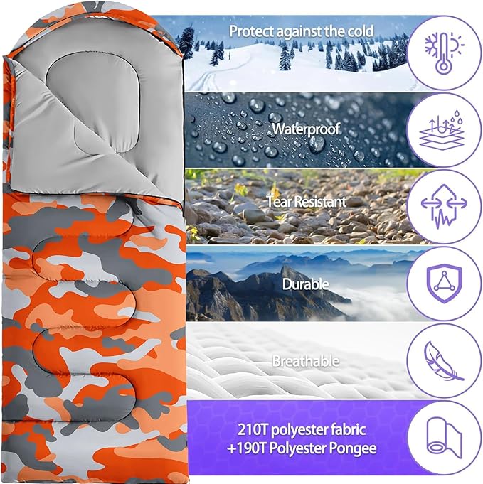 Sleeping Bags for Adults and Kids Backpacking Camping Sleeping Bags for Girls and Boys Lightweight Waterproof Cold/Warm Sleeping Bag for All Season