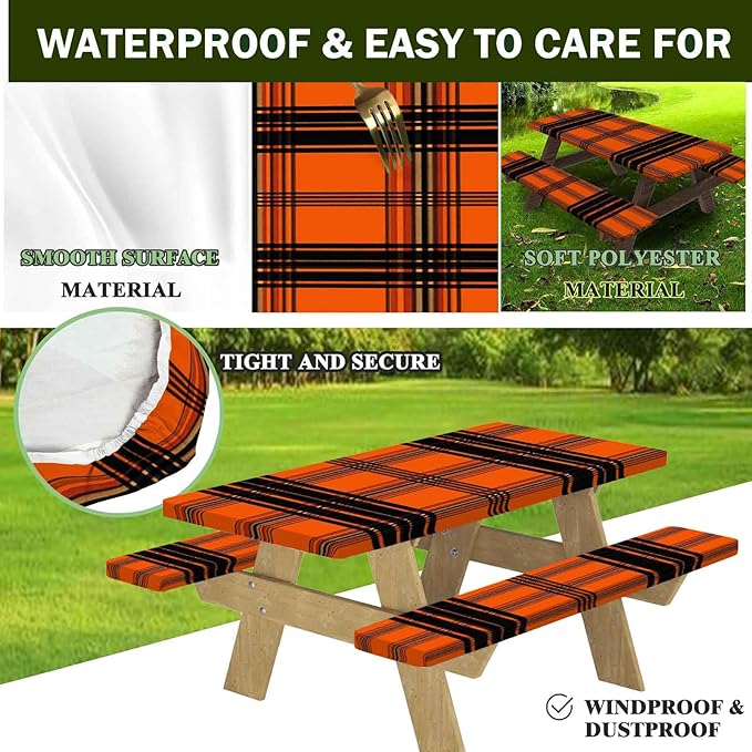 CAPSCEOLL Fitted Picnic Table Cover with Bench Covers with Elastic 6Ft Waterproof Camping Picnic Table Cover Cloths for Outdoors Camping Tablecloth with Drawstring Bag, 72X30in, Orange Plaid