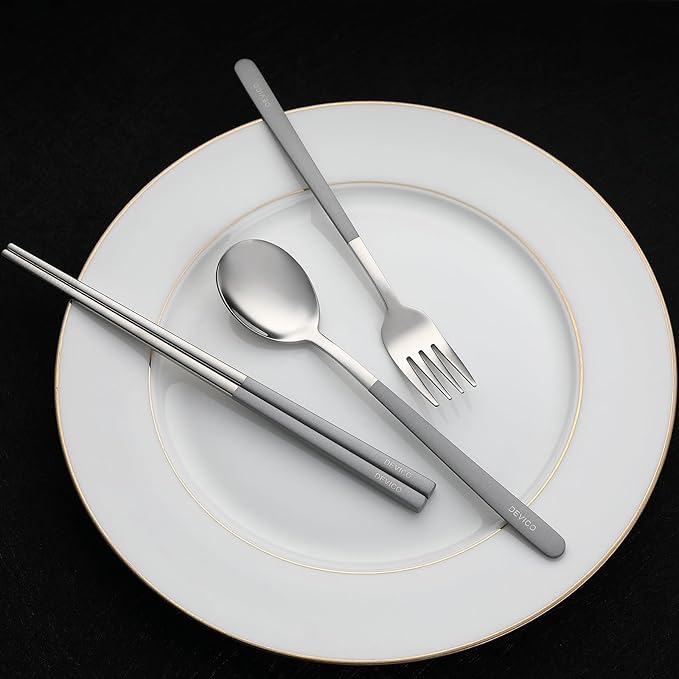 DEVICO Travel Utensils With Case, 18/8 Stainless Steel Camping Utensils, Reusable Portable Silverware Cutlery Set For Lunch Box, Include Fork Spoon Chopsticks