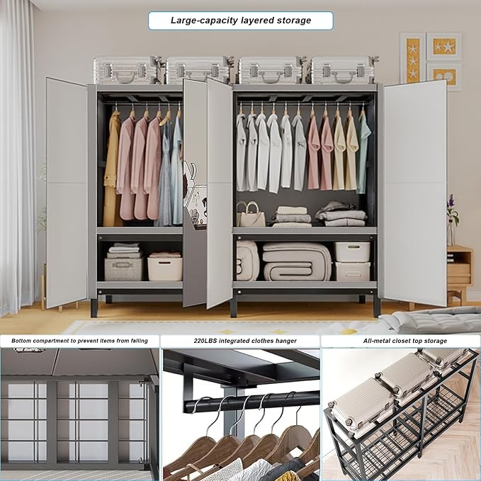 FPIGSHS Heavy Duty Clothes Rack with Magnetic Door 2000LBS Foldable Portable Wardrobe Closet for Hanging Clothing Rolling Garment Rack on Wheels for Bedroom Closet System (C(Pattern Door, 71in)