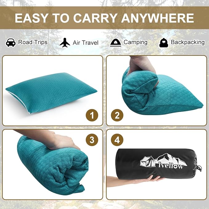 Ivellow Memory Foam Travel Pillow Compressible Camping Pillow for Sleeping Shredded Memory Foam Pillow Compact Firm Supportive Small Pillow for Adults Kids Outdoor Backpacking Hiking Essential Gear-M