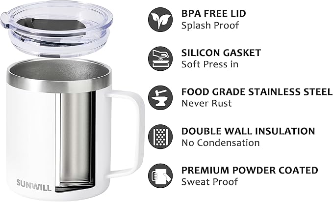 SUNWILL Insulated Coffee Mug with Lid, Travel Tumbler with Handle, 14 oz Stainless Steel Cup for Camping, Office, Home, Powder Coated White