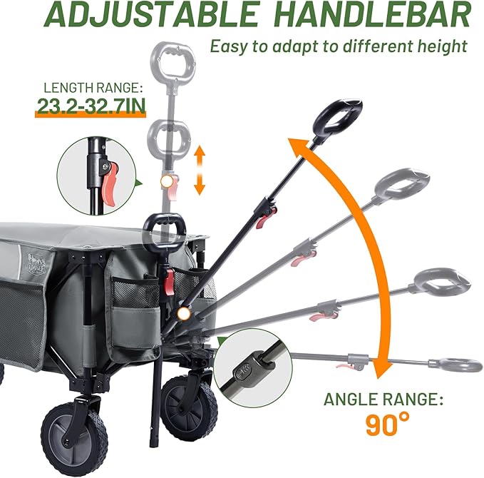 Timber Ridge 49" Extra Long Collapsible Folding Wagon with Tailgate and Brakes, 300lbs Heavy Duty Foldable Wagon with Adjustable Handle, 250L Capacity Portable Cart for Outdoor Camping Sports, Grey