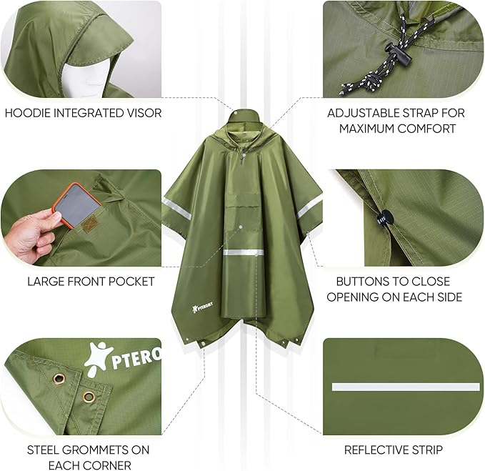 PTEROMY Hooded Rain Poncho for Adult with Pocket, Waterproof Lightweight Unisex Raincoat for Hiking Camping Emergency