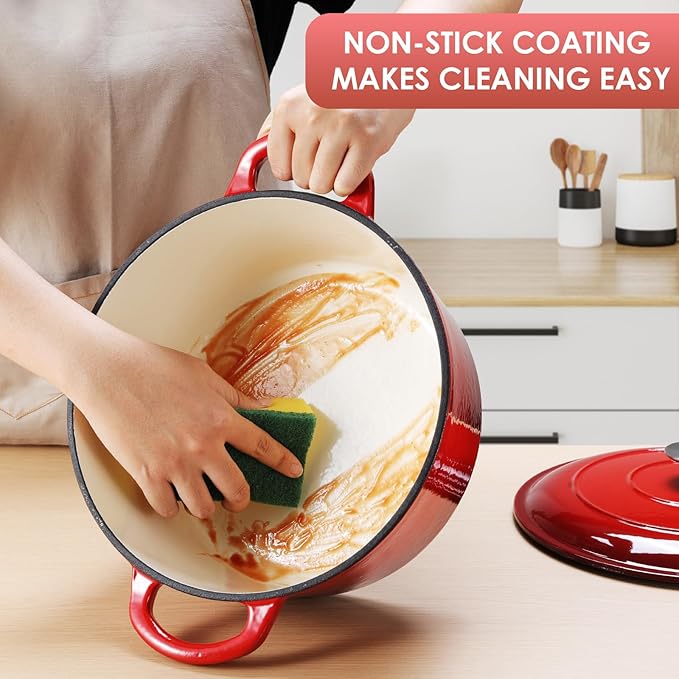 LIFERUN 6 Qt Enameled Cast Iron Dutch Oven Pot with Lid，Oven Safe up to 500° F, Non-Stick Dutch Oven with Dual Handles for Bread Baking, Fry Foods, Braising, Stews, Roasting (Red)