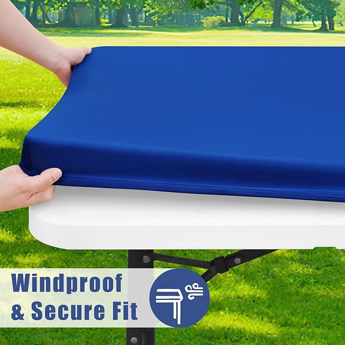 Spandex Picnic Table Cloth 2 Pack, Elastic Fitted Tablecloths for 5 Foot Rectangle Tables, Stretch Washable Patio Table Cover for Outdoor, Camping, Banquet and Parties (Blue, 30"x60")