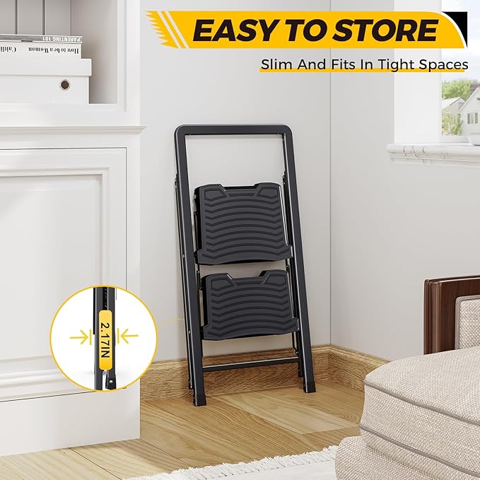 KINGRACK 2 Step Ladder 800lb Capacity, Folding Step Stool with Wide Anti-Slip Pedal & Safety Handrails, Lightweight Steel Ladder for Kitchen, Pantry, Office, Black