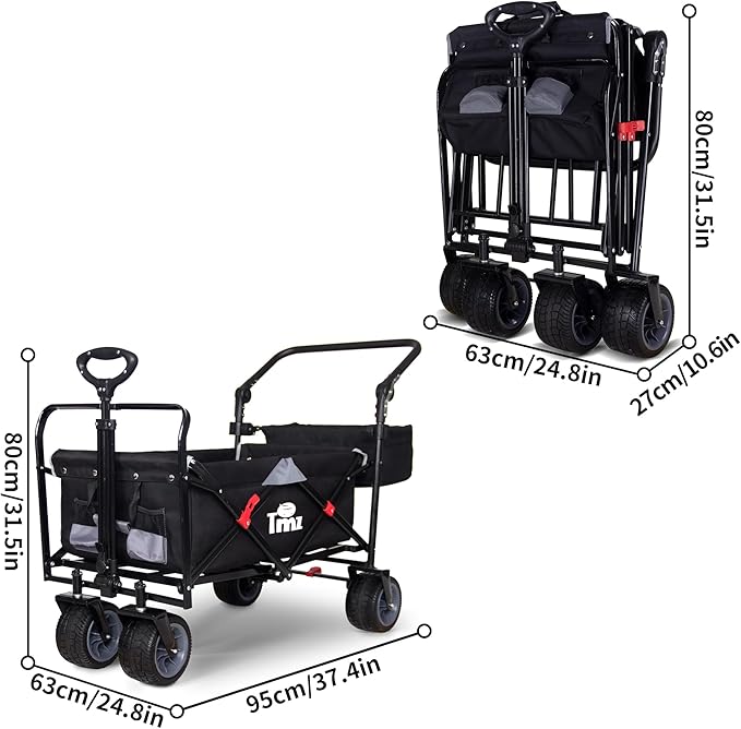 TMZ All Terrain Utility Folding Wagon, Collapsible Garden Cart, Heavy Duty Beach Wagon, for Shopping, Camping, and Outdoor Activities with Push Handle and Brakes (Black/Grey)