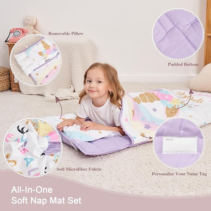 Extra Large Toddler Nap mat by Cokouchyi, Toddler Sleeping Bag with Removable Pillow, Measures 53 x 21 x 1.5 Inches, Sleeping Mat, Ideal for Daycare and Preschool Kindergarten