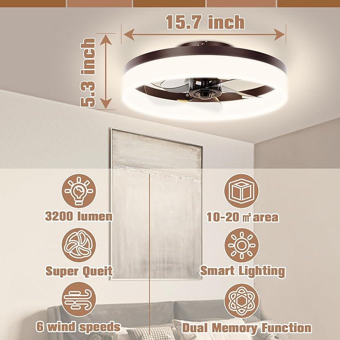 VOLISUN Low Profile Ceiling Fans with Lights and Remote,15.7in Modern Ceiling Fan Flush Mount, 3000K-6500K Dimmable Bladeless LED Fan Light,Brown Fandelier Ceiling Fans with Lights for Bedroom