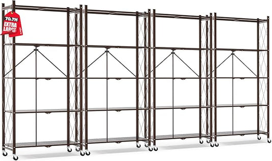 ALANNG 70.7" H Metal Storage Shelves, 5 Tier Folding Shelf on Wheels, Heavy Duty, No Assembly, Rolling, Collapsible Rack Unit for Kitchen, Basement, Pantry (Vintage Brown,4 Pack)
