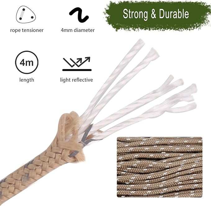 Hikeman 4 Pack Camping Rope with Locking Carabiner Clip,4mm Reflective Guy Lines with Triangular Guyline Adjuster Tensioner,Nylon Cord for Tent Tarp Tie Down,Hiking,Backpacking (White)