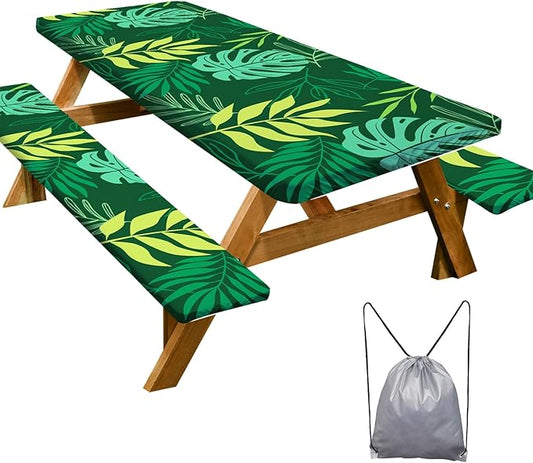 Picnic Table Cover with Bench Covers Camping Essentials Waterproof Windproof Camping Tablecloth with Drawstring Bag, Fitted Rectangle Tables and Seats, 60in, Dark Green
