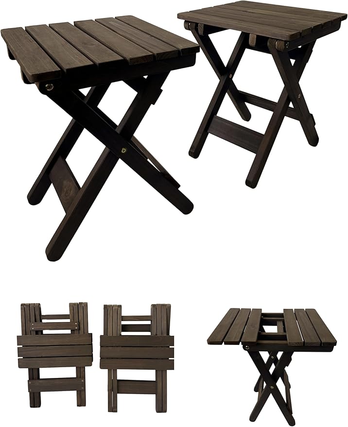 Outdoor Side Table, No Assembly Folding Wooden End Table for Outside or Indoor, Small Patio Tables for Camping, Pool, Bathroom, Backyard and Porch
