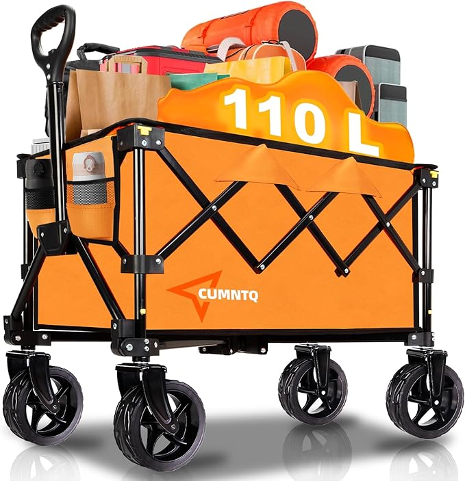 Collapsible Wagon Cart with Wheels, Heavy DutyFoldable Wagon Cart with 230lbs Weight Capacity, UtilityBeach Wagons Portable for Outdoor, Grocery, Camping,Shopping, Orange
