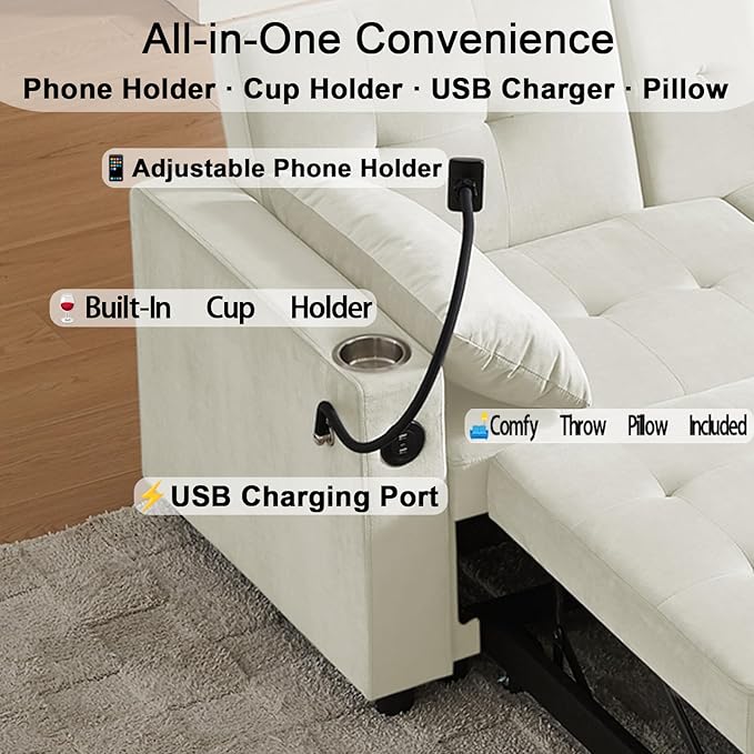 70" Queen Size Sofa Bed for Living Room – Pull-Out Sleeper Sofa Couch with Cup Holder, Phone Holder, USB Charging Port, Solid Wood Frame, Easy Assembly, Space-Saving Design for Small Apartments